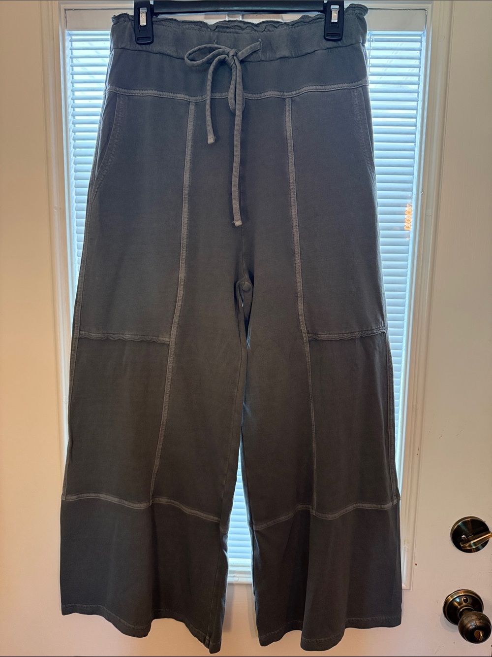 Zenana French Terry Washed Exposed Seam Wide Leg Pants in Light Olive